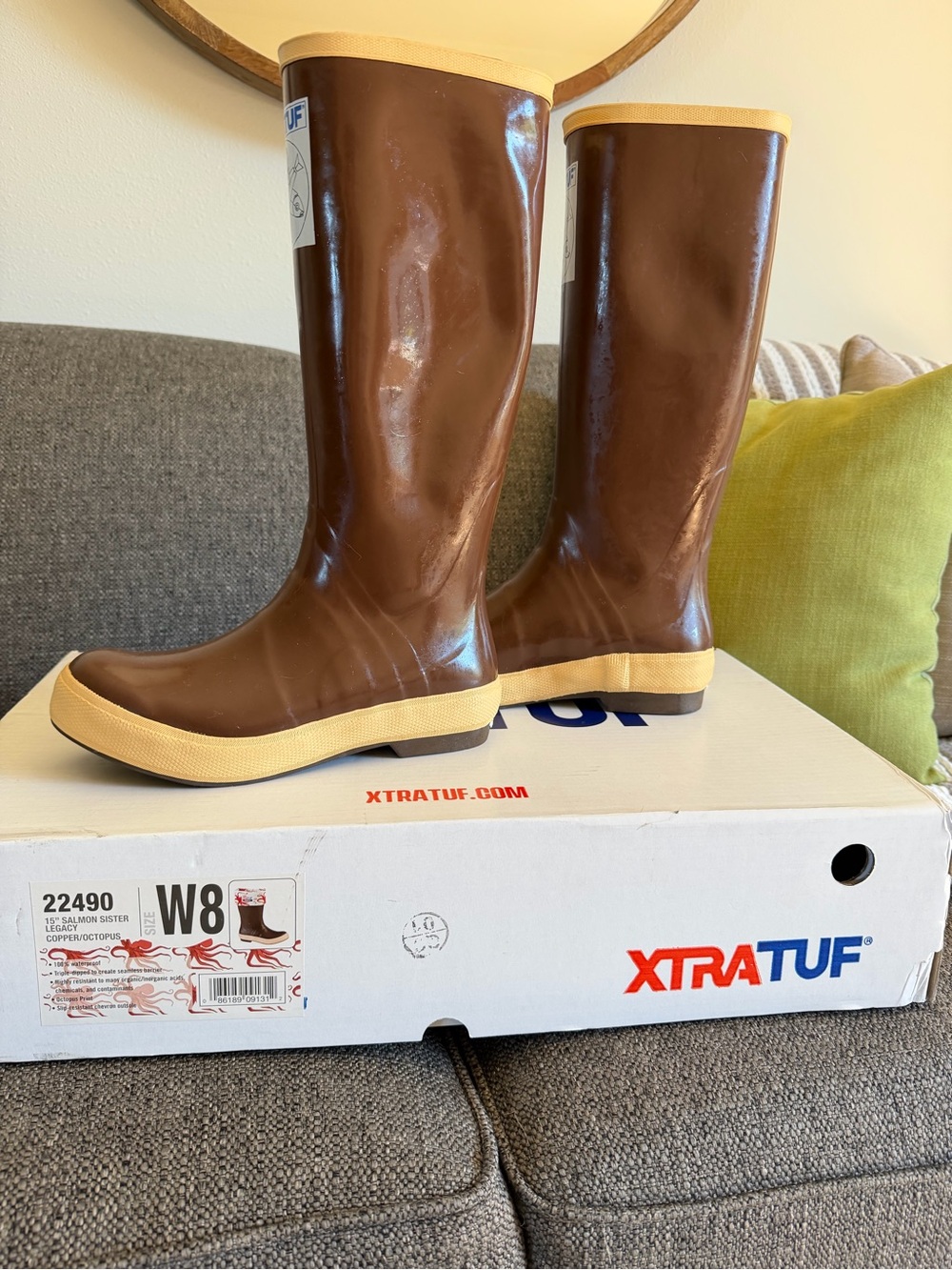 XTRATUF Women's Brown & Cream Waterproof Tall Rain Boots octopus print inside